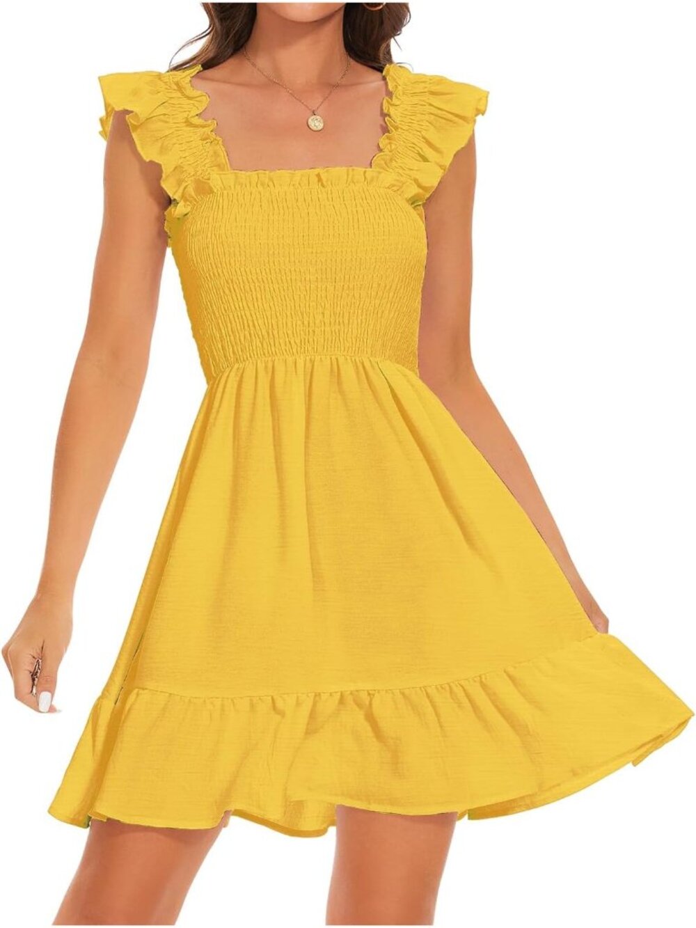 Women's Yellow Smocked Dresses Square Neck Elegant Tiered Boho Ruffle Shoulder